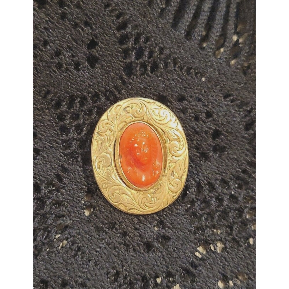 Art Nouveau Antique Coral Carved Cameo Pin Brooch Filigree Victorian C Clasp